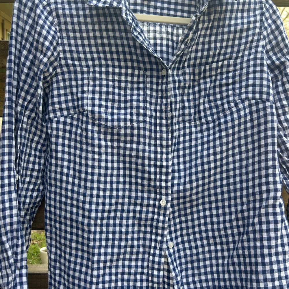 Linen Talbots Blue and White Gingham Button-Up Shirt